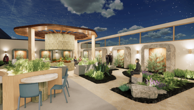 A rendering of a lobby area in a healthcare facility, The ceiling looks like a sky with clouds and there are many plants in the space.